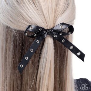 Black Leather Hair Bow with Silver Accents
